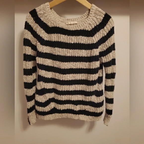 Maje long sleeves knit sweater. Zipper on wrists. Striped. Black and beige. M. - Picture 1 of 9